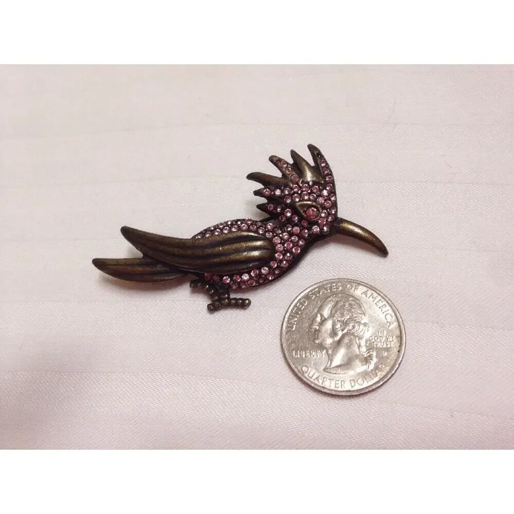 Vintage Giovanni Antique Brass Pink Sparkle Roadrunner Desert Bird Pin Brooch